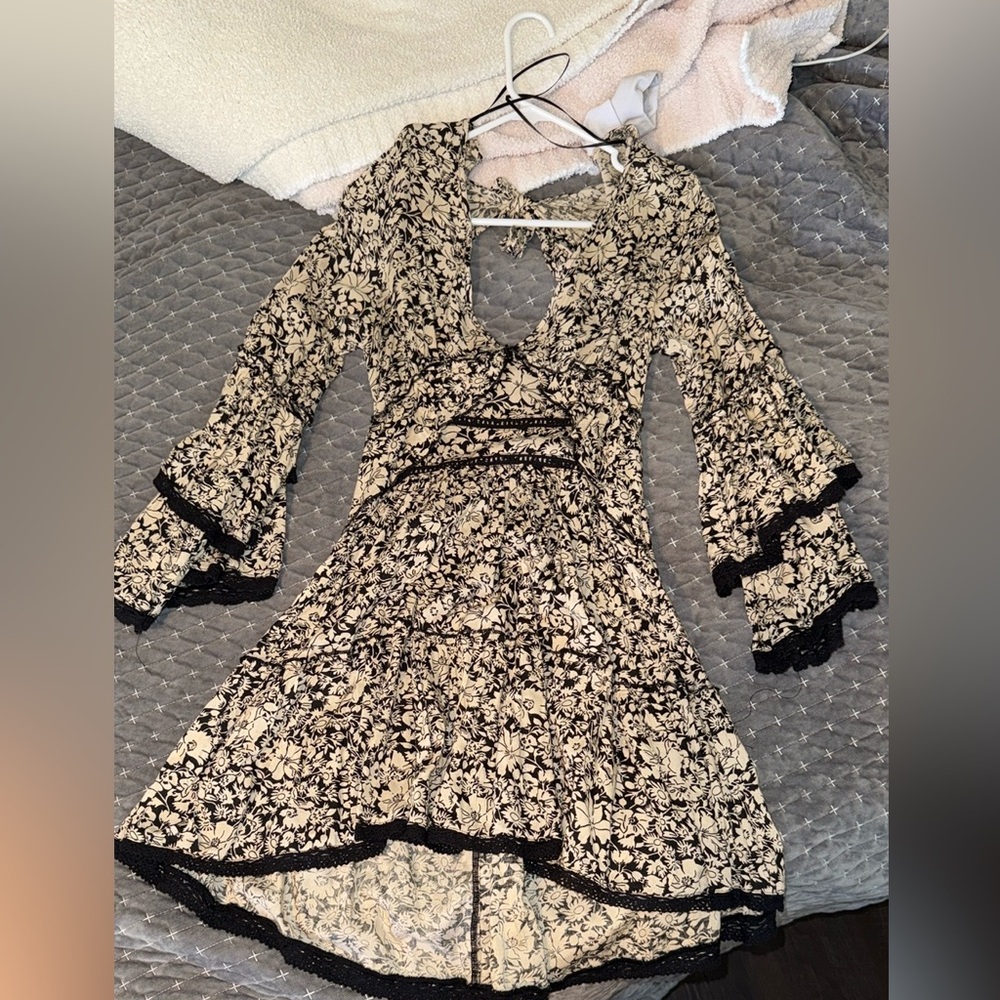 Floral Black and Cream Dress with Bell Sleeves from Free people! Never wore!